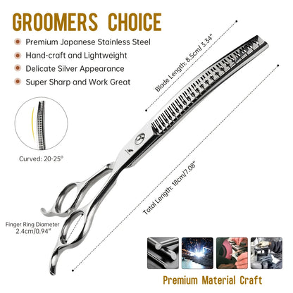 Dog Grooming Scissors Japan Stainless 7" Professional Pet Scissors Curved Chunker Scissors for Groomer Down CurveThinning Shears
