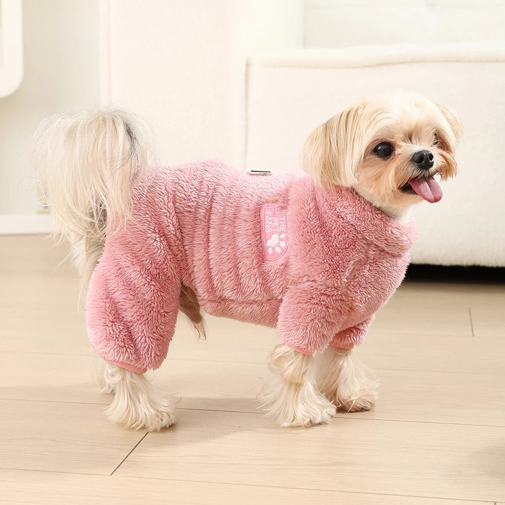 Soft Fleece Dog Clothes Winter Four Legs Covered  Plush Pet Coat D-Ring Zipper Puppy Jacket Autumn Overall For Small Middle Dog