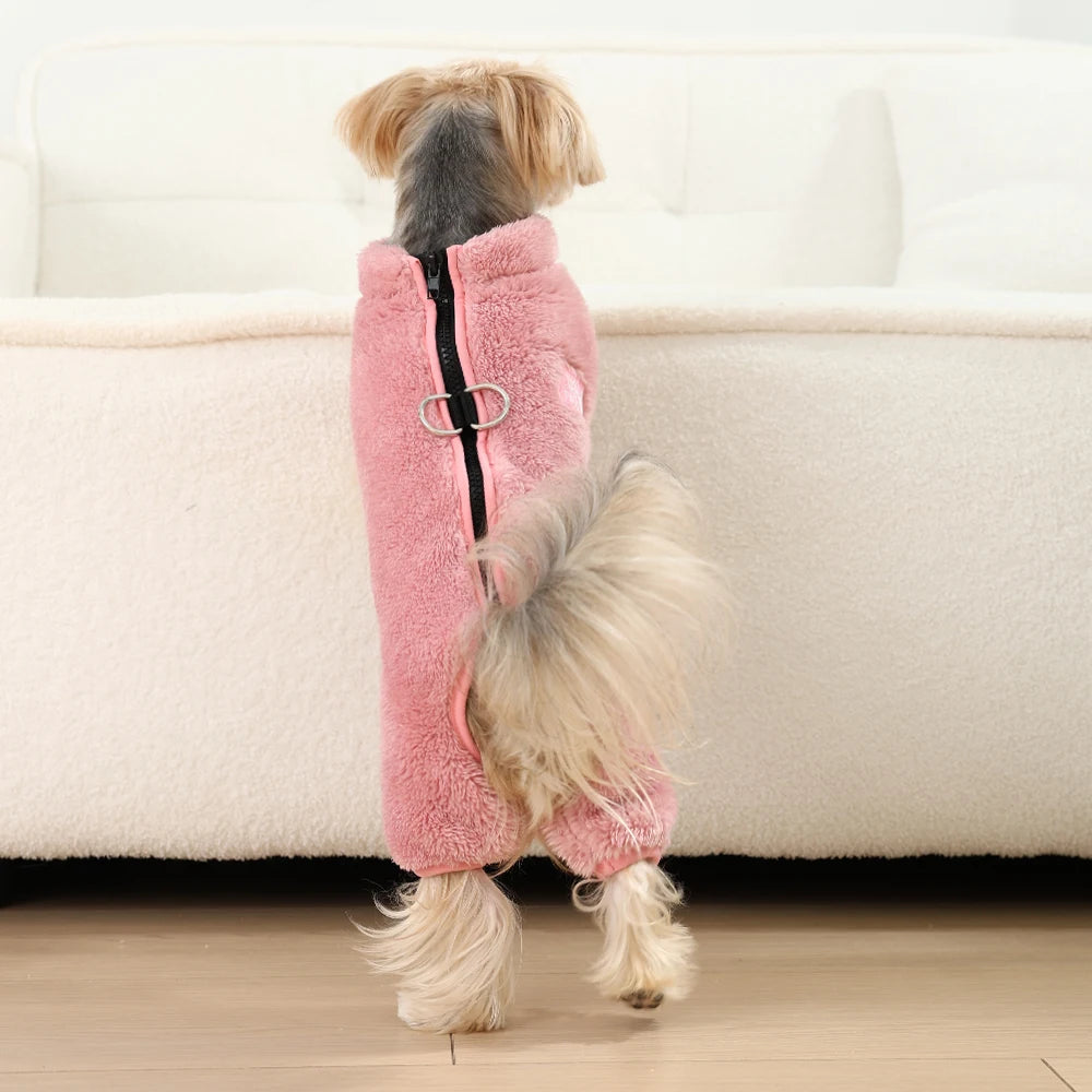Soft Fleece Dog Clothes Winter Four Legs Covered  Plush Pet Coat D-Ring Zipper Puppy Jacket Autumn Overall For Small Middle Dog