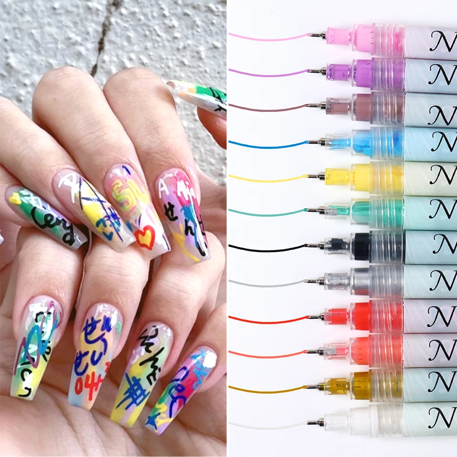 12pcs/Set Nail Art Graffiti Pen Nail Marker Drawing Abstract Lines Fine Detail Floral Design Waterproof Nail Painting Manicure