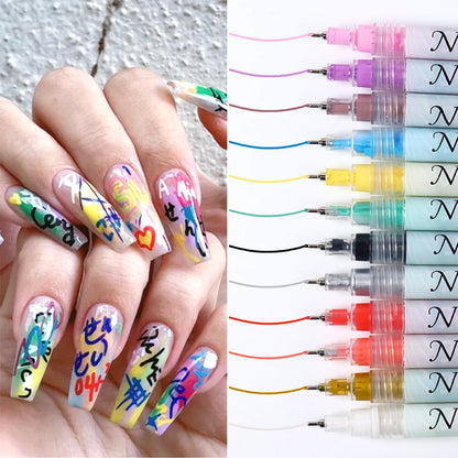 12pcs/Set Nail Art Graffiti Pen Nail Marker Drawing Abstract Lines Fine Detail Floral Design Waterproof Nail Painting Manicure