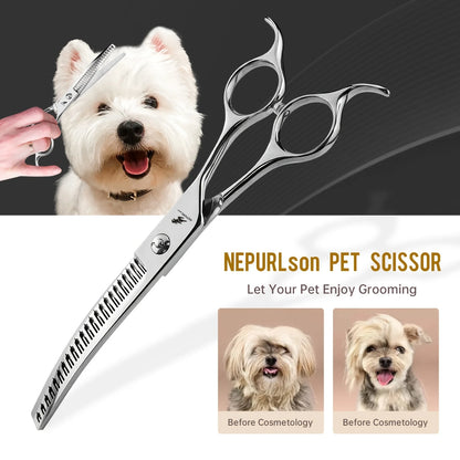 Dog Grooming Scissors Japan Stainless 7" Professional Pet Scissors Curved Chunker Scissors for Groomer Down CurveThinning Shears