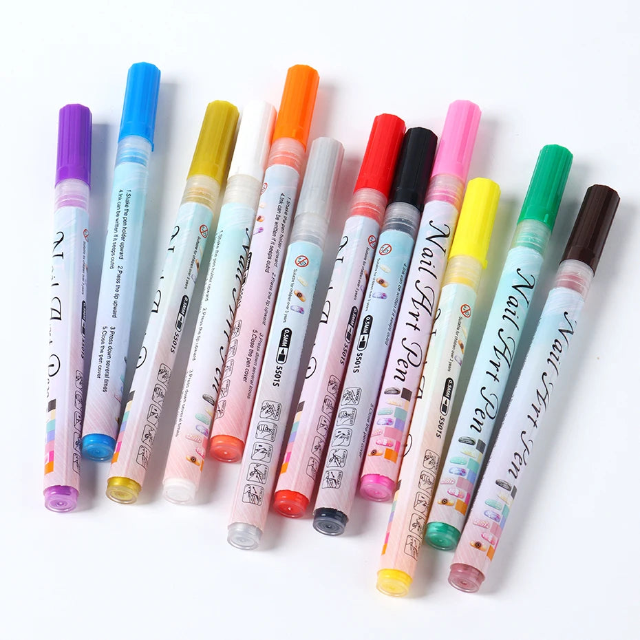 12pcs/Set Nail Art Graffiti Pen Nail Marker Drawing Abstract Lines Fine Detail Floral Design Waterproof Nail Painting Manicure